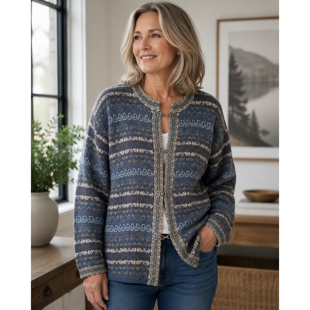 Newton Trading Co Womens Blue Wool Fair Isle Nordic Cardigan Metal Clasps XL